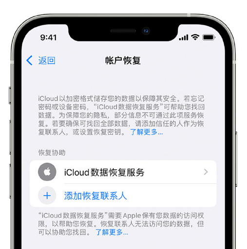 松江苹果手机维修分享在 iPhone 上设置帐户恢复联系人的方法 