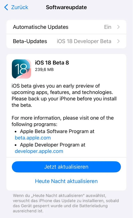 松江苹果手机维修分享苹果 iOS / iPadOS 18 开发者预览版 Beta 8 发布 